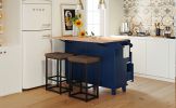 TOPMAX Farmhouse Kitchen Island Set with Drop Leaf and 2 Seatings,Dining Table Set with Storage Cabinet, Drawers and Towel Rack, Blue+Black+Brown