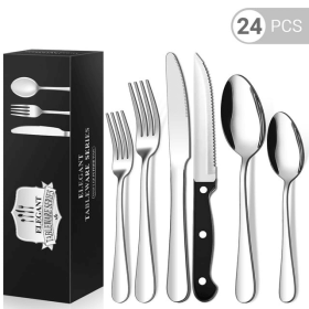 24 Piece Flatware Set for 4, TINANA Stainless Steel Flatware Set, Mirror Polished Cutlery Utensil Set, Durable Home Kitchen Eating Tableware Set (Brand: TINANA)