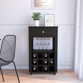 39" H black bar- coffee cart, Kitchen or living room cabinet storage, with 12 bottle racks, a central shelf with 1 Cup holders (Color: as Pic)